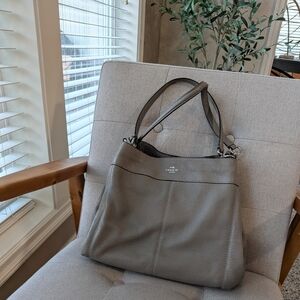 COACH Lexy Gray Pebble Leather Slouchy Shoulder Bag Multi Compartment Hand Purse